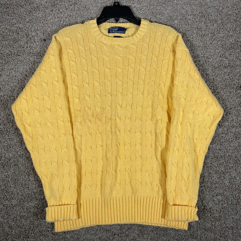 Polo Ralph Lauren Mens Yellow Cable Knit Cotton Crew Neck Sweater Size M